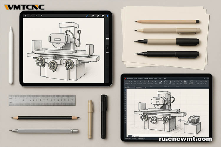 Вид-сверху-низу-чертежа-инструментов-CAD-Sketchbook-Procreate-линейка-ручки
